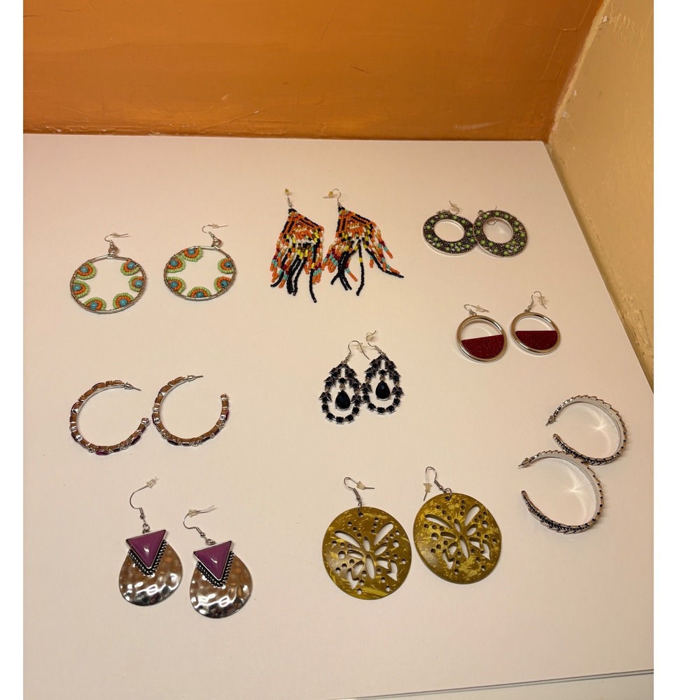 Mixed Fashion Earring Lot 9 Pairs Boho Beaded Fringe Geometric Hoops Silver Tone